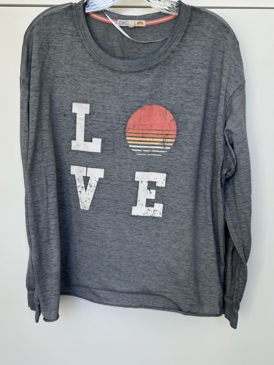 C&C California Tops - C&C California Gray Long Sleeve LOVE Tee with Sunset Graphic